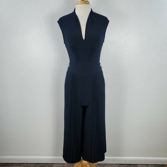 Catherine Malandrino Jumpsuit Cropped Sleeveless V-Neck Tie Waist Navy 6 New - Picture 2 of 12